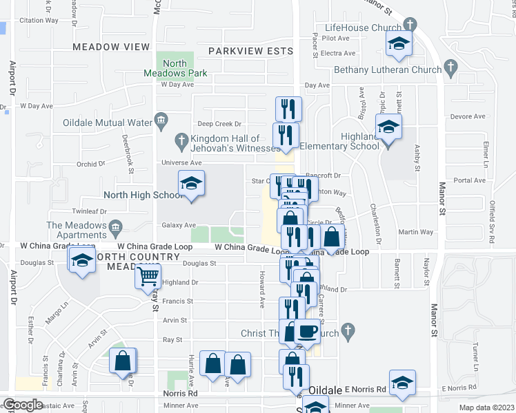 map of restaurants, bars, coffee shops, grocery stores, and more near 208 Nova Court in Bakersfield