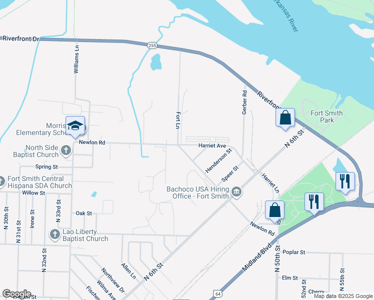 map of restaurants, bars, coffee shops, grocery stores, and more near 4239 Newlon Road in Fort Smith