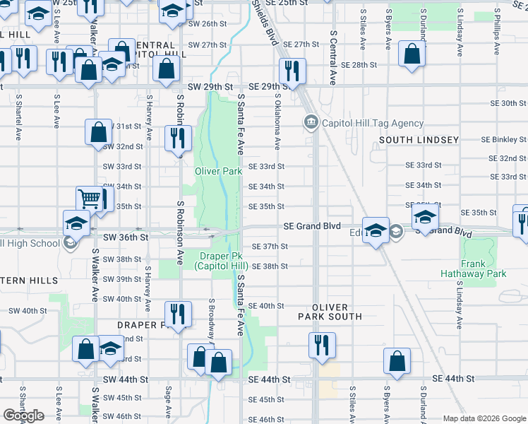 map of restaurants, bars, coffee shops, grocery stores, and more near 45 Southeast Grand Boulevard in Oklahoma City