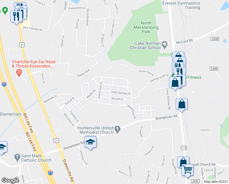 map of restaurants, bars, coffee shops, grocery stores, and more near Holly Springs Drive in Huntersville