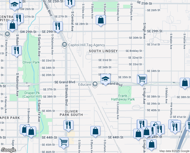map of restaurants, bars, coffee shops, grocery stores, and more near 513 Southeast Grand Boulevard in Oklahoma City