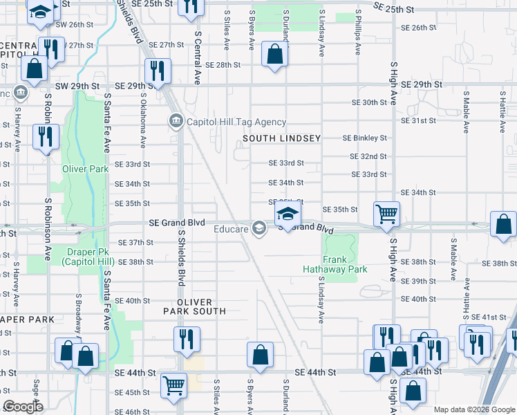 map of restaurants, bars, coffee shops, grocery stores, and more near 513 Southeast Grand Boulevard in Oklahoma City