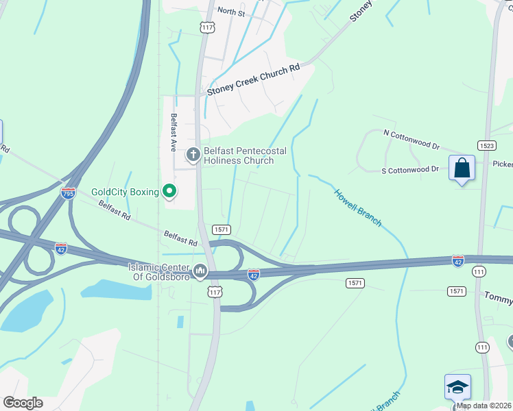 map of restaurants, bars, coffee shops, grocery stores, and more near 127 Princess Drive in Goldsboro