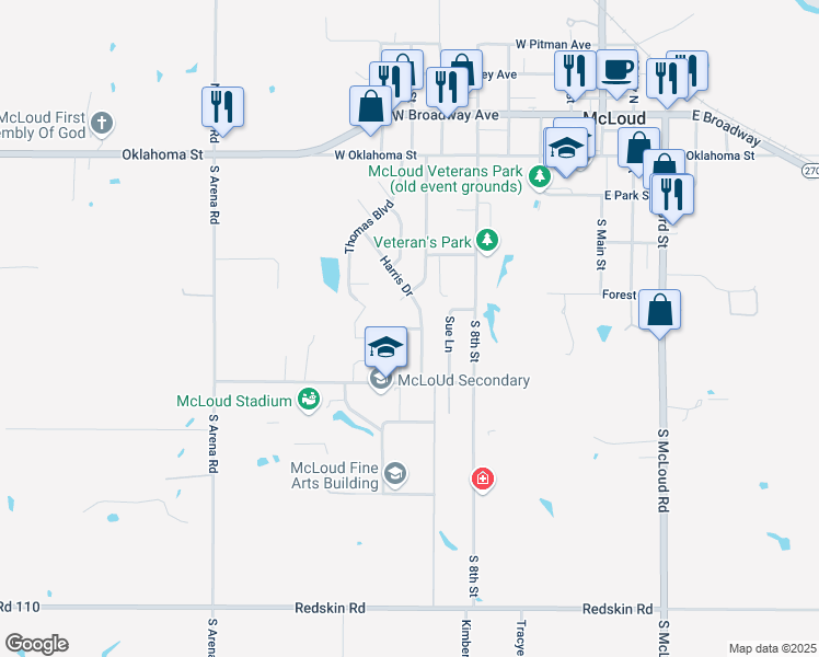 map of restaurants, bars, coffee shops, grocery stores, and more near West Heritage Park Circle in McLoud