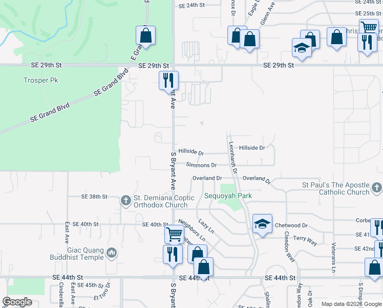 map of restaurants, bars, coffee shops, grocery stores, and more near 3012 Simmons Drive in Del City