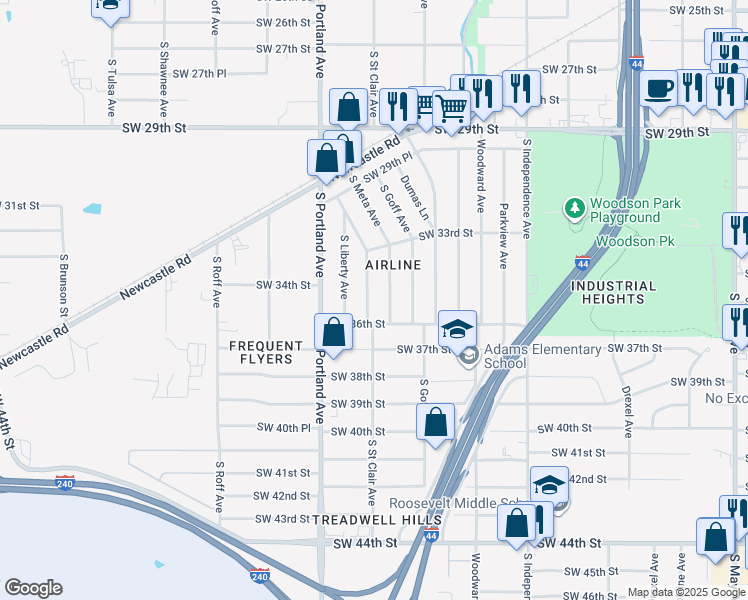 map of restaurants, bars, coffee shops, grocery stores, and more near 3529 Southwest 36th Street in Oklahoma City