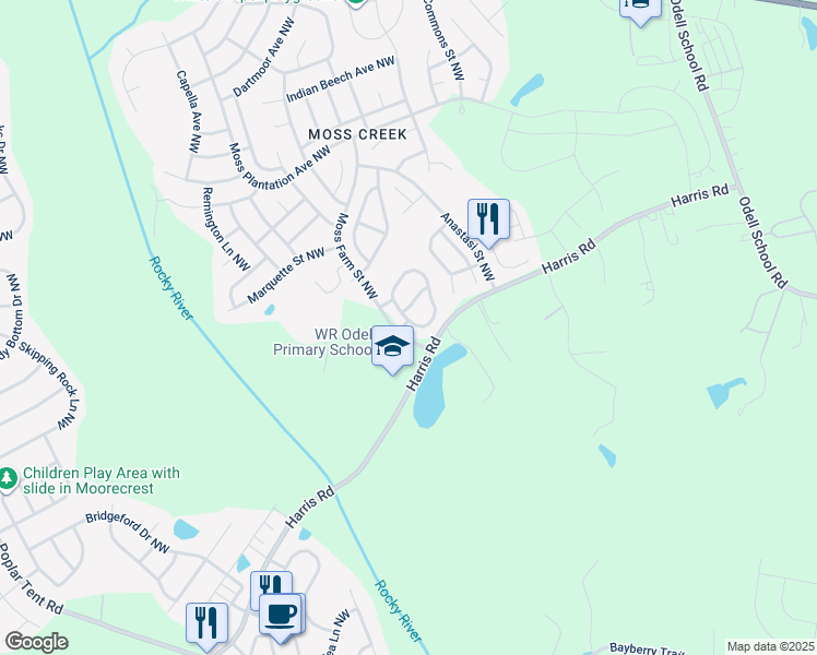 map of restaurants, bars, coffee shops, grocery stores, and more near 9480 Harris Road in Concord
