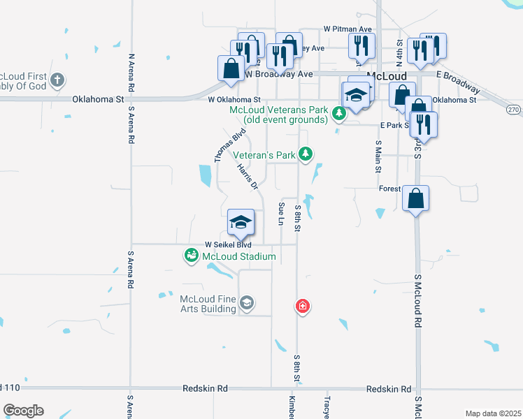 map of restaurants, bars, coffee shops, grocery stores, and more near 560 West Heritage Park Road in McLoud