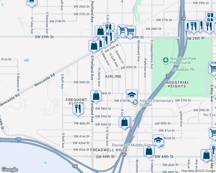 map of restaurants, bars, coffee shops, grocery stores, and more near 3529 Southwest 36th Street in Oklahoma City