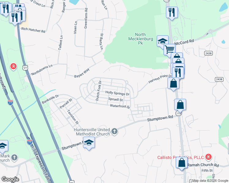map of restaurants, bars, coffee shops, grocery stores, and more near 16727 Spruell Street in Huntersville