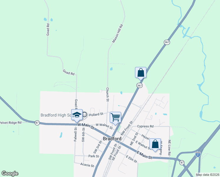 map of restaurants, bars, coffee shops, grocery stores, and more near 437 Church Street in Bradford
