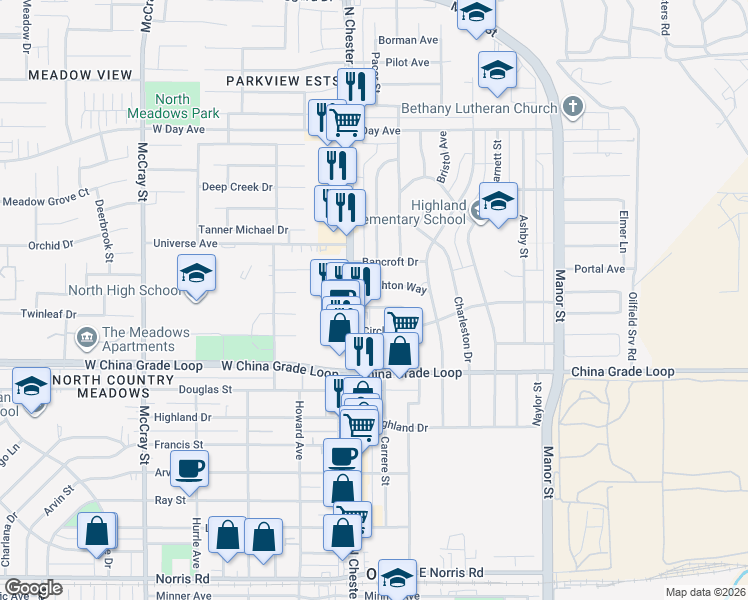 map of restaurants, bars, coffee shops, grocery stores, and more near 106 Brighton Way in Bakersfield