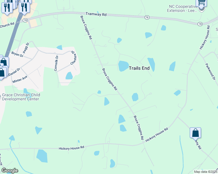 map of restaurants, bars, coffee shops, grocery stores, and more near 610 Bruce Coggins Road in Sanford
