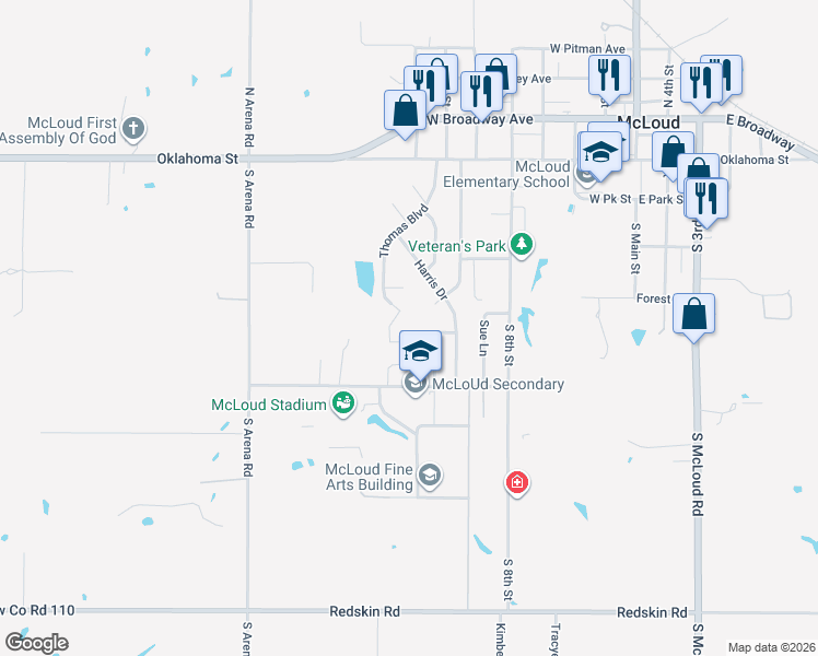 map of restaurants, bars, coffee shops, grocery stores, and more near 316 Claudia Circle in McLoud