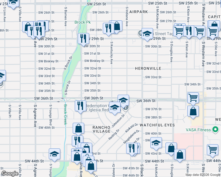 map of restaurants, bars, coffee shops, grocery stores, and more near 1500 Southwest 34th Street in Oklahoma City