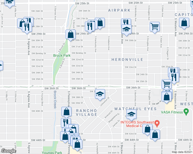 map of restaurants, bars, coffee shops, grocery stores, and more near 1445 SW 35th St in Oklahoma City