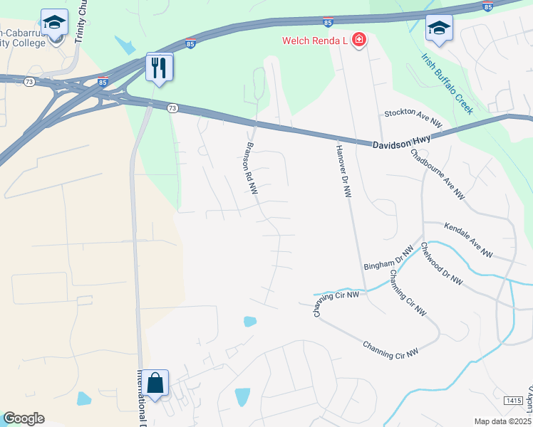 map of restaurants, bars, coffee shops, grocery stores, and more near 4179 Brownwood Lane Northwest in Concord