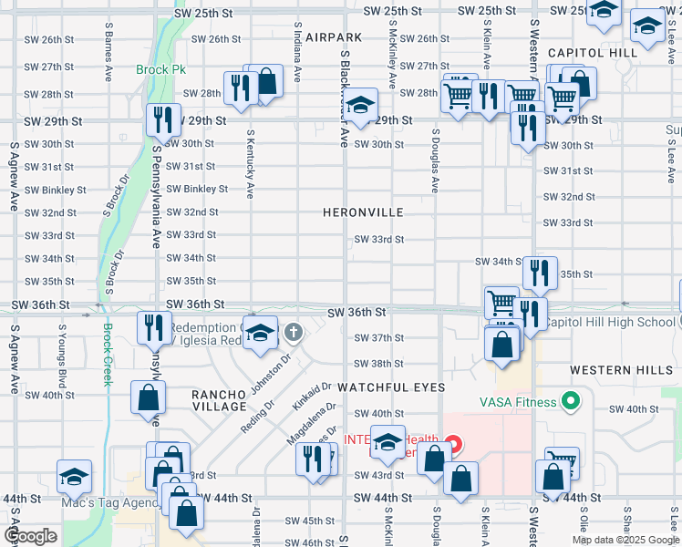 map of restaurants, bars, coffee shops, grocery stores, and more near 1244 Southwest 33rd Street in Oklahoma City