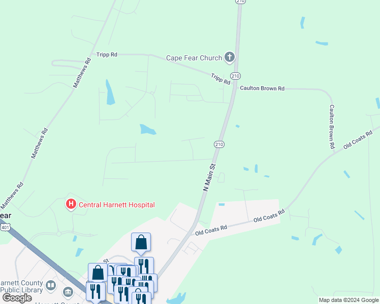 map of restaurants, bars, coffee shops, grocery stores, and more near 35 Avondale Drive in Lillington
