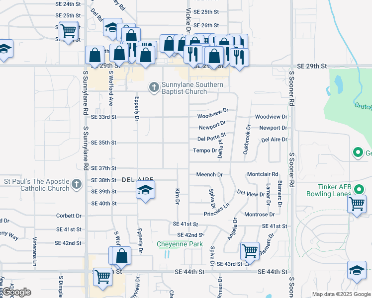 map of restaurants, bars, coffee shops, grocery stores, and more near 3600 Vickie Drive in Del City