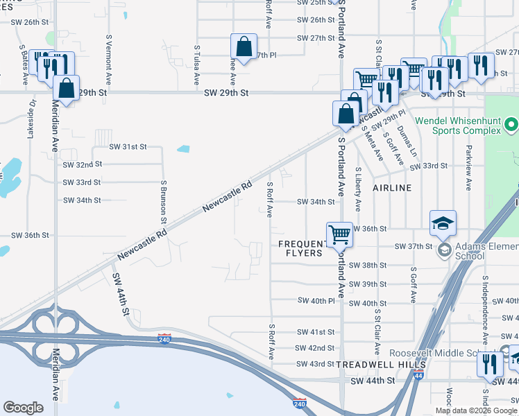 map of restaurants, bars, coffee shops, grocery stores, and more near 3425 South Roff Avenue in Oklahoma City