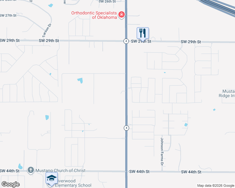 map of restaurants, bars, coffee shops, grocery stores, and more near 3500 Willow Pond Drive in Mustang