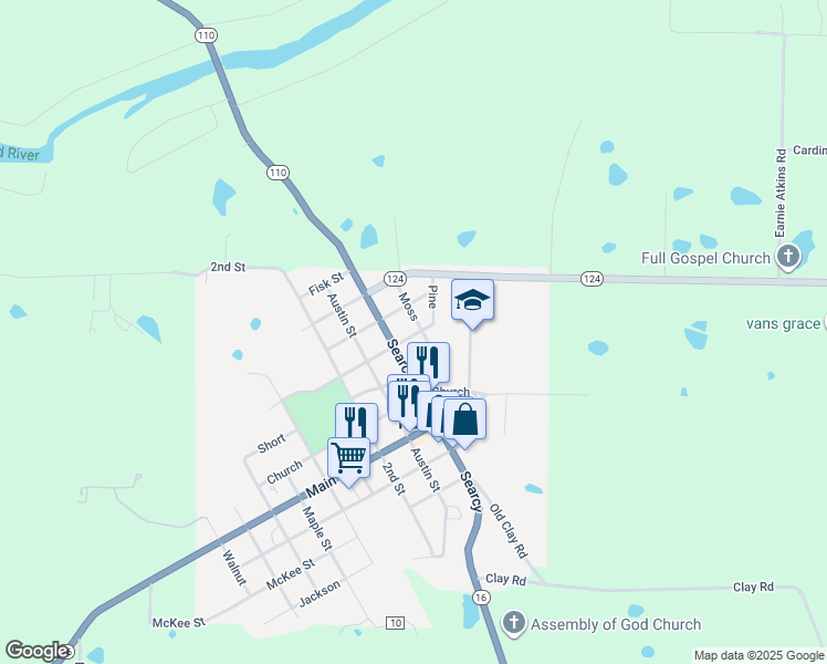 map of restaurants, bars, coffee shops, grocery stores, and more near 806 Moss in Pangburn