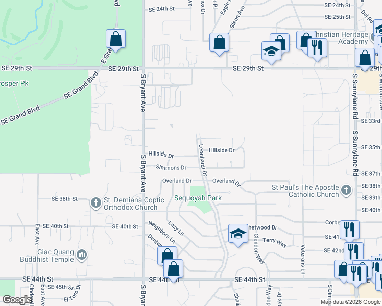 map of restaurants, bars, coffee shops, grocery stores, and more near 3225 Hillside Drive in Del City