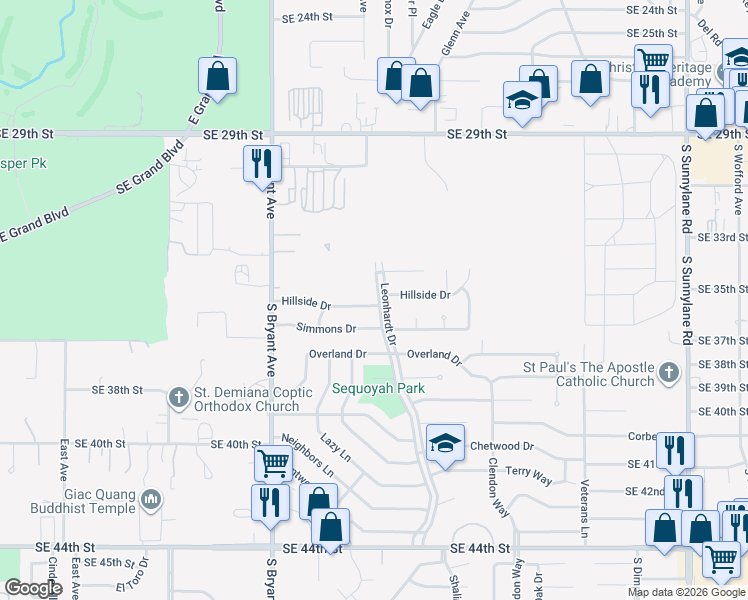 map of restaurants, bars, coffee shops, grocery stores, and more near 3225 Hillside Drive in Del City