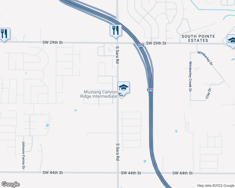 map of restaurants, bars, coffee shops, grocery stores, and more near 3583 South Sara Road in Mustang
