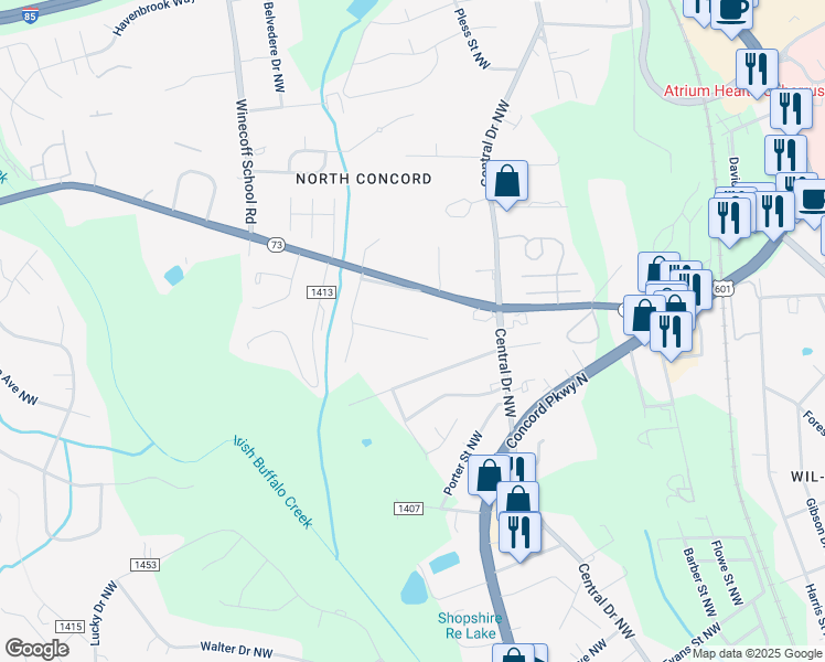 map of restaurants, bars, coffee shops, grocery stores, and more near 256 Bellhaven Place Northwest in Concord