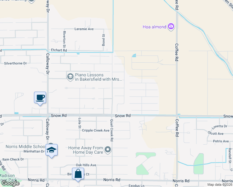 map of restaurants, bars, coffee shops, grocery stores, and more near 8806 Roverton Court in Bakersfield