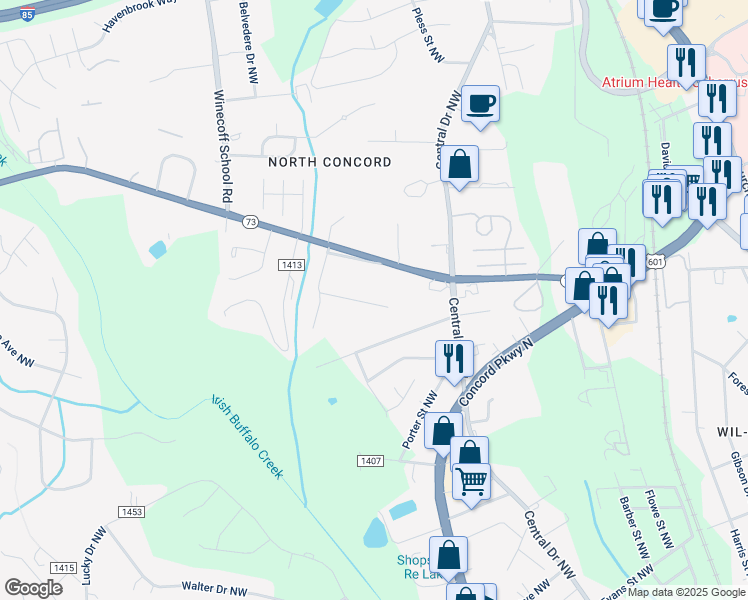 map of restaurants, bars, coffee shops, grocery stores, and more near 256 Bellhaven Place Northwest in Concord