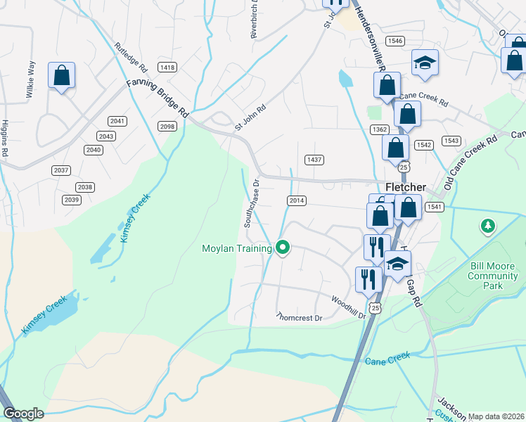 map of restaurants, bars, coffee shops, grocery stores, and more near 201 Southwood Court in Fletcher