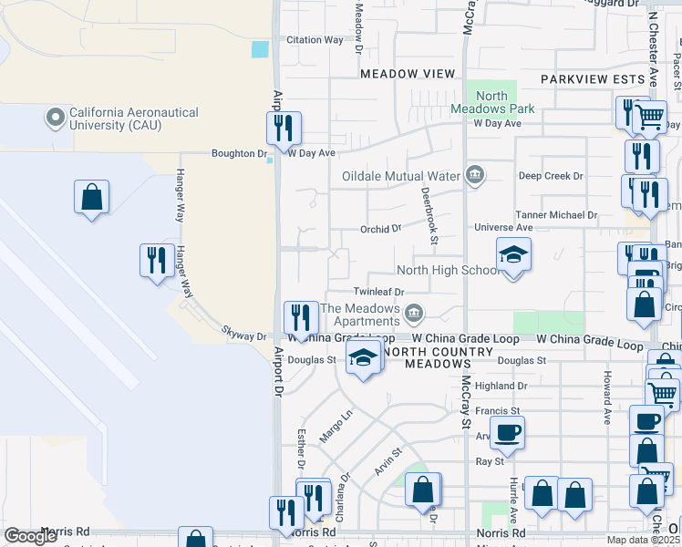 map of restaurants, bars, coffee shops, grocery stores, and more near 2600 Park Meadows Drive in Bakersfield