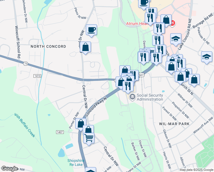 map of restaurants, bars, coffee shops, grocery stores, and more near 170 Davidson Highway in Concord