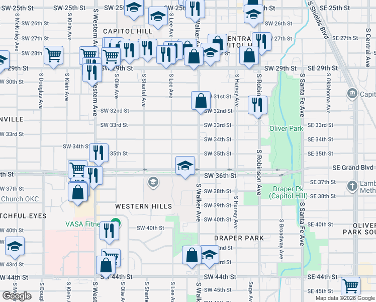 map of restaurants, bars, coffee shops, grocery stores, and more near 524 Southwest 34th Street in Oklahoma City