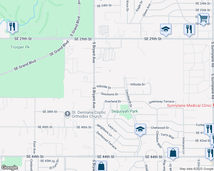 map of restaurants, bars, coffee shops, grocery stores, and more near 3033 Hillside Drive in Del City