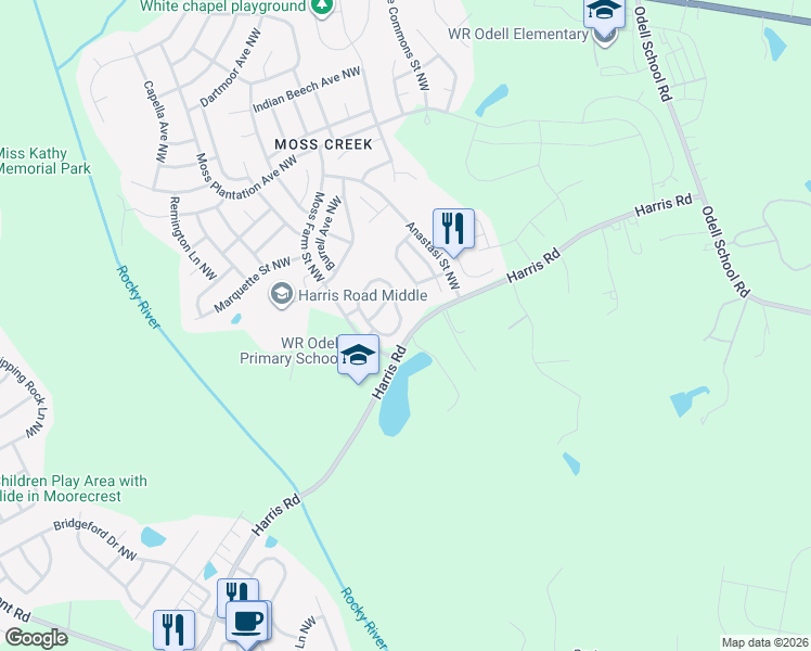 map of restaurants, bars, coffee shops, grocery stores, and more near 9491 Grand Oaks Street Northwest in Concord
