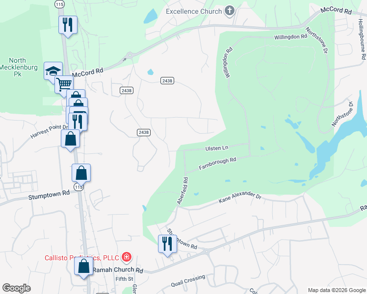 map of restaurants, bars, coffee shops, grocery stores, and more near 11901 Ulsten Lane in Huntersville