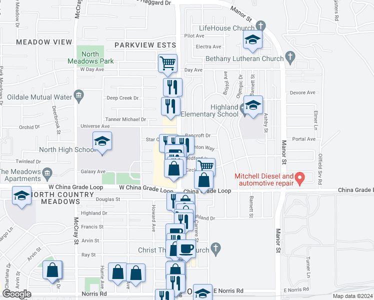 map of restaurants, bars, coffee shops, grocery stores, and more near 106 Brighton Way in Bakersfield