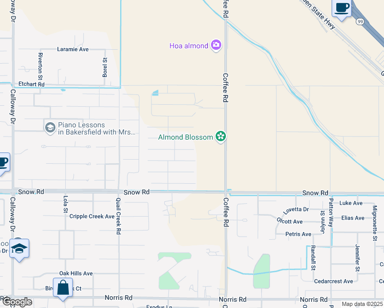 map of restaurants, bars, coffee shops, grocery stores, and more near 7231-7715 Coffee Road in Bakersfield