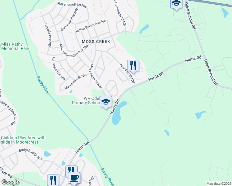 map of restaurants, bars, coffee shops, grocery stores, and more near 1279 Amber Ridge Road Northwest in Concord
