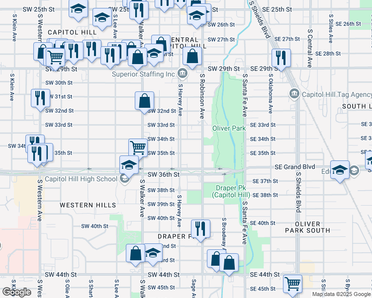 map of restaurants, bars, coffee shops, grocery stores, and more near 3500 South Harvey Avenue in Oklahoma City