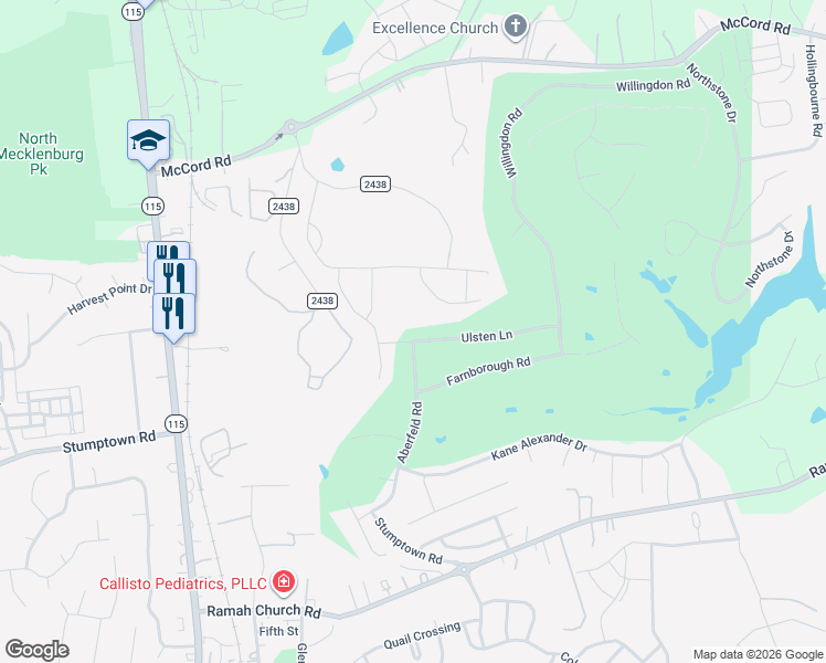 map of restaurants, bars, coffee shops, grocery stores, and more near 11901 Ulsten Lane in Huntersville