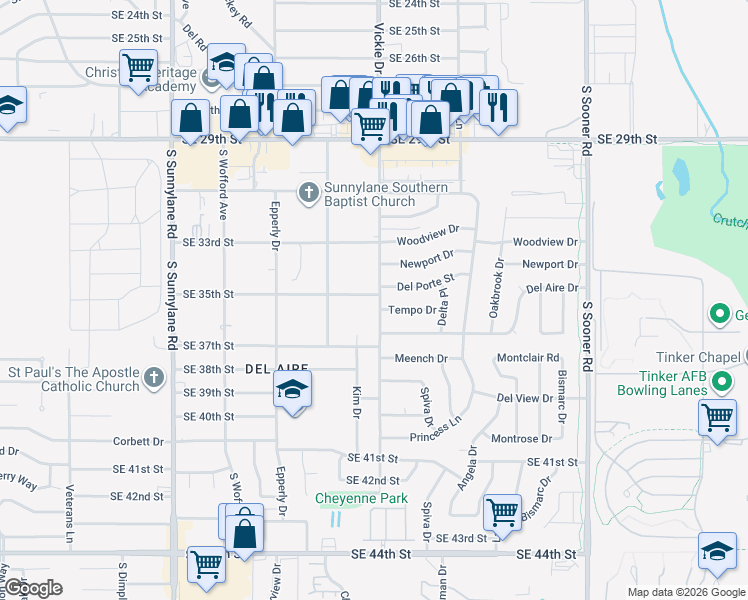 map of restaurants, bars, coffee shops, grocery stores, and more near 3600 Vickie Drive in Del City