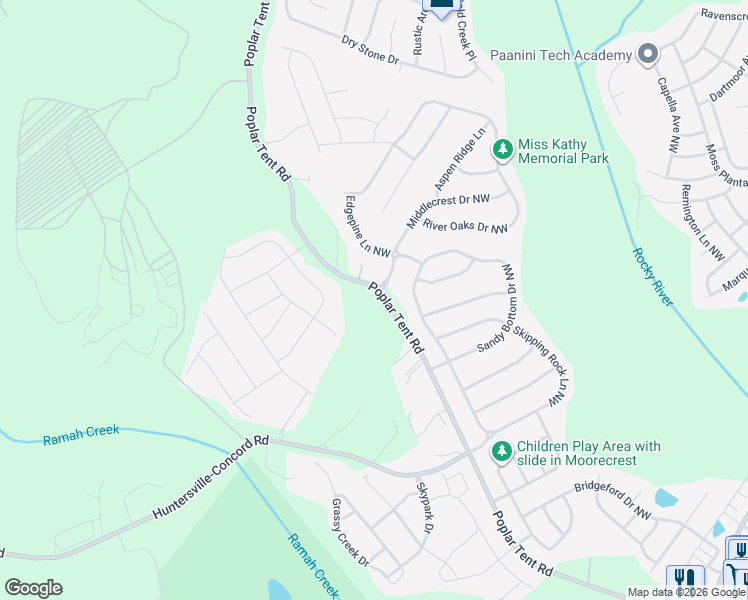 map of restaurants, bars, coffee shops, grocery stores, and more near 1208 Middlecrest Drive Northwest in Concord