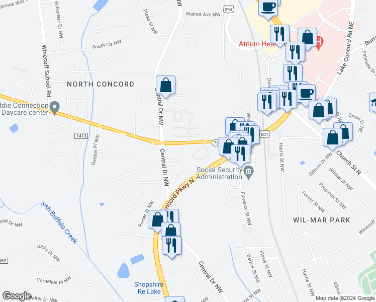map of restaurants, bars, coffee shops, grocery stores, and more near 175 Davidson Highway in Concord