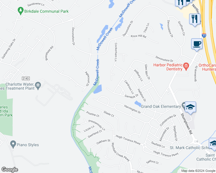 map of restaurants, bars, coffee shops, grocery stores, and more near 7611 Garnkirk Drive in Huntersville