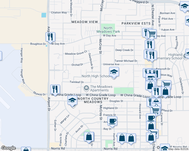 map of restaurants, bars, coffee shops, grocery stores, and more near 513 Sarabande Avenue in Bakersfield